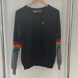 Aviator Nation Charcoal Grey Rainbow Stitch Sleeve Crew Sweatshirt Unisex XS